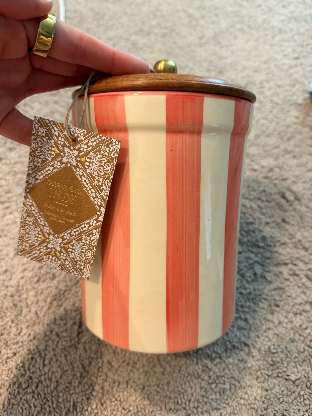 Striped Ceramic Storage Jar with Wood Lid - Coral and Cream